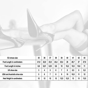 May include: Black patent leather stiletto heels with a pointed toe. The image includes a shoe size chart with measurements in cm and inches. Heel height is 12-13.5 cm.