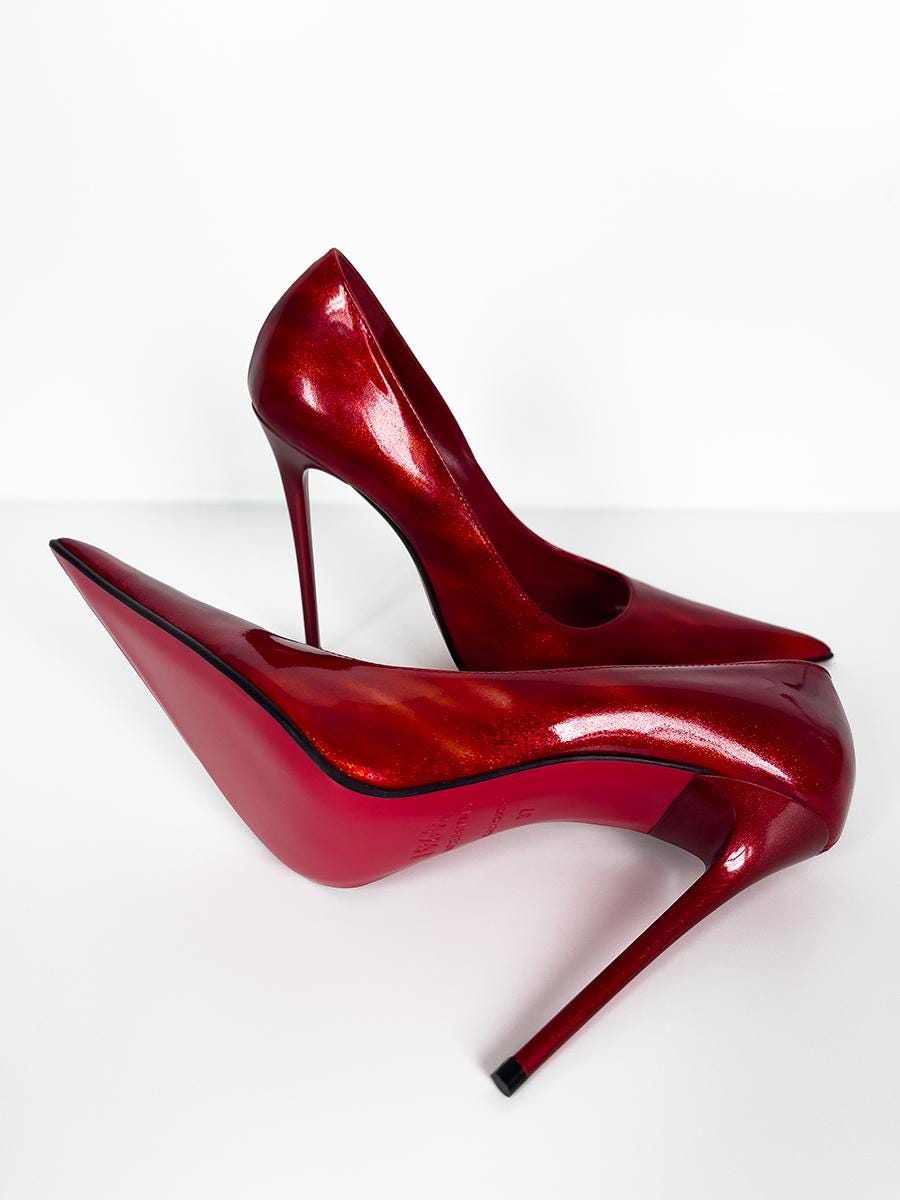 Red Patent Pearl Leather Extreme Pointy High Heels Pumps 1969 Made in Italy Z119
