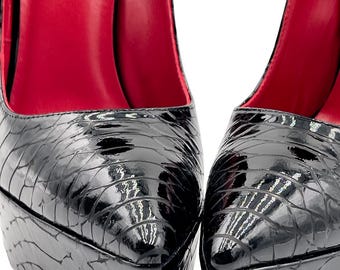 1969 Made in Italy Z112 Hot Chick Stiletto Plateau Pumps Python Stempel. Leder Schwarz 35 - 45