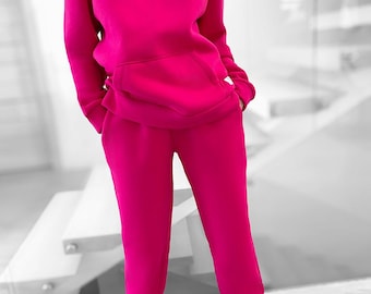 2 Piece Lounge Set, Oversized Pullover Wide Leg Pants, Tracksuit Jogger Set, Cozy Fall Winter Sweat Suit Minimalist Outfit Warm Thick Fuxsia