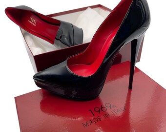 Escarpins à Talons Aiguilles 'Hot Chick' 1969 Made In Italy - Noir Verni, Plateau, Taille 41