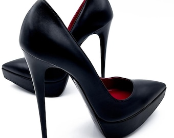 Hot Chick Stiletto Platform Pumps Black Leather 35 - 45 Z110 1969 Made in Italy