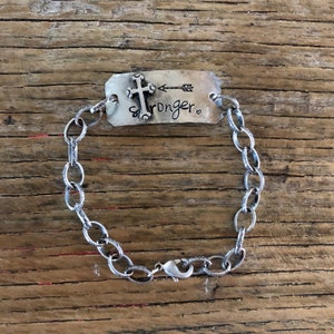 stronger cross word of the year quote hand stamped arrow heart silver ID chain bracelet