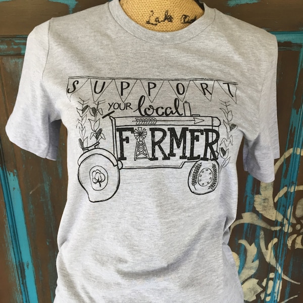 support your local farmer tractor windmill corn wheat cotton boll gray soft hand drawn hand written unisex t shirt