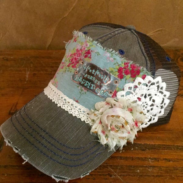 relentlessly purse happiness quote hand stamped tarnished copper shabby chic vintage floral lace crochet doily chiffon flower trucker cap