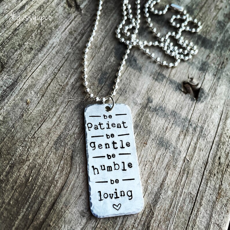 be patient gentle humble loving heart ephesians 4:2-3 scripture bible verse hand stamped on aluminum dog tag pendant 24 ball chain necklace