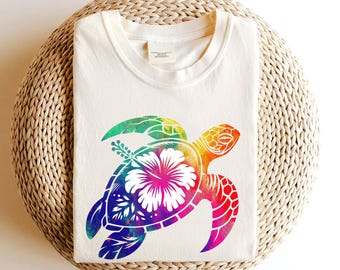 Tortuga marina con hibisco floral PNG: Diseño de sublimación tropical (descarga digital)