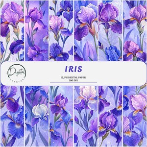 May include: A digital paper pack featuring 12 seamless patterns of purple, blue, and white iris flowers on a light blue background. The text "IRIS 12 JPG DIGITAL PAPER 300 DPI" is at the bottom of the image.