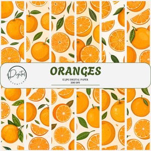 Könnte beinhalten: Digitales Papier mit einem sich wiederholenden Muster aus Orangen, Orangenscheiben und grünen Blättern auf cremefarbenem Hintergrund. Der Text "ORANGES" wird in Grün angezeigt, zusammen mit "12 JPG DIGITAL PAPER" und "300 DPI".