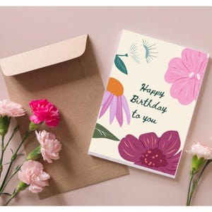 Cartão de feliz aniversário floral para impressão, presente de namorado para ela, cartão para esposa, feliz aniversário para o pai, cartão de aniversário para impressão