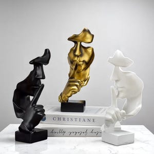 Resin Abstract Face Statue Sculpture – “Silence Is Gold” Figurines in 4 Colors – Home, Office, Study & Living Room Shelf Decor Ornaments
