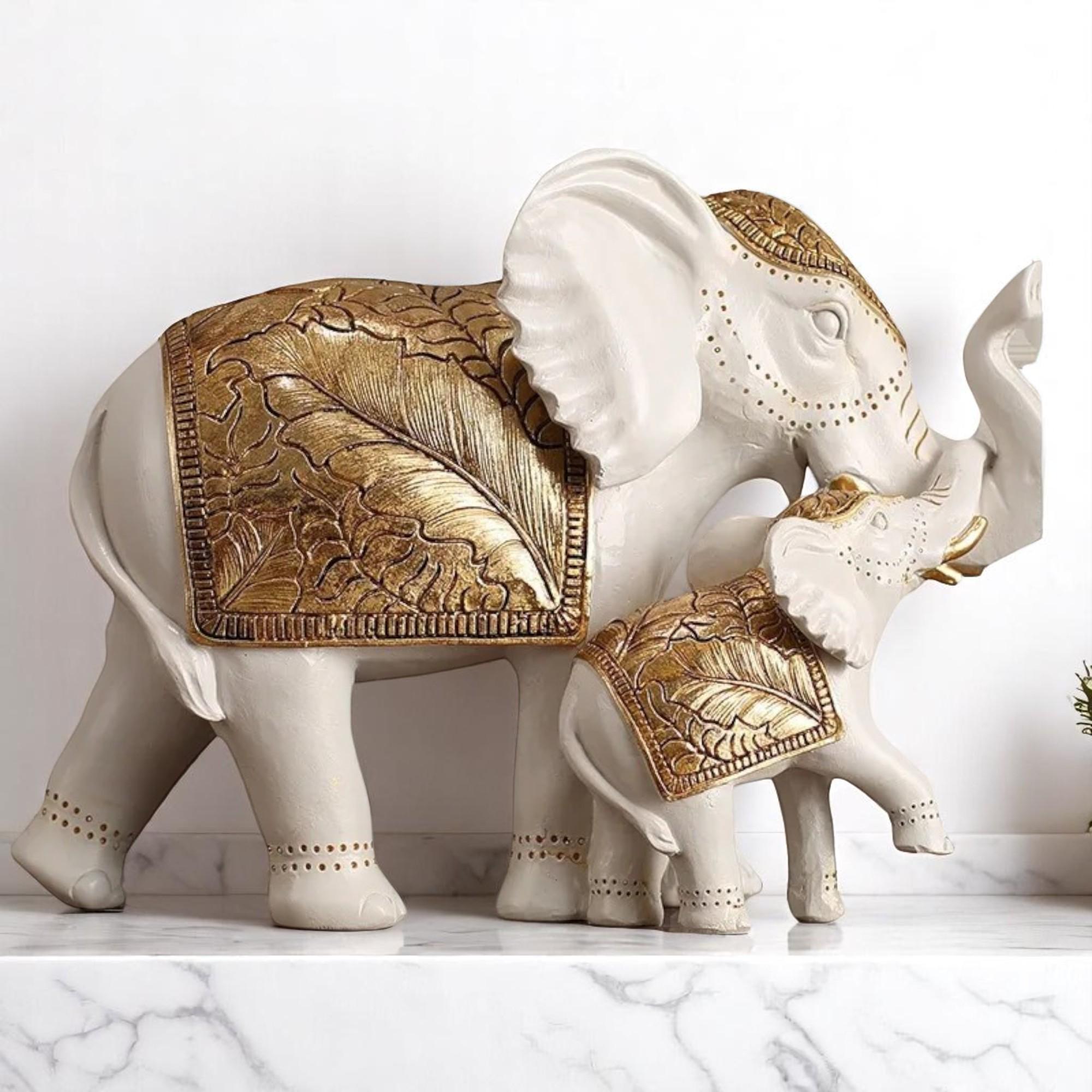 Living Room Decor BIHOIB Elephant Statues Decor - Pair Of Small Gold \u0026  White Ceramic Elephant Figurines For Shelves Diwali Gifts, image size:2000x2000