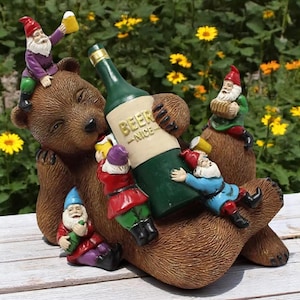 Funny Garden Gnome Set with Dog or Bear – Beer Lovers Figurines for Garden, Home, or Bookshelf Decor – Quirky Animal Resin Statues
