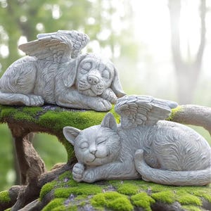 Resin Angel Dog & Cat Memorial Statue – Pet Loss Garden Decor | Puppy Tombstone Figurine | Pet Grave Marker for Home or Yard