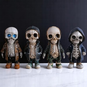 Set of 4 Skeleton Figurines – Cool Resin Home & Bookshelf Decor | Quirky Skull Statues | Gothic Halloween or Year-Round Accent