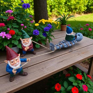 Set of 3 Gnomes Abducting an Alien – Resin Figurines – Shelf and Garden Decor – Whimsical Alien Abduction Gnome Set – Weird Outdoor Ornament