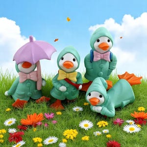 Juego de 4 estatuas de patos de invierno: adorable decoración de patos para jardín con sombrillas y abrigos. Adorables figuras de animales para el hogar o el exterior.