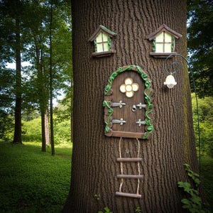 Miniature Fairy Door Set with Ladder, Lamp, and Windows | Outdoor Garden Decor | Whimsical Fairy Tale Ornaments for Trees & Walls