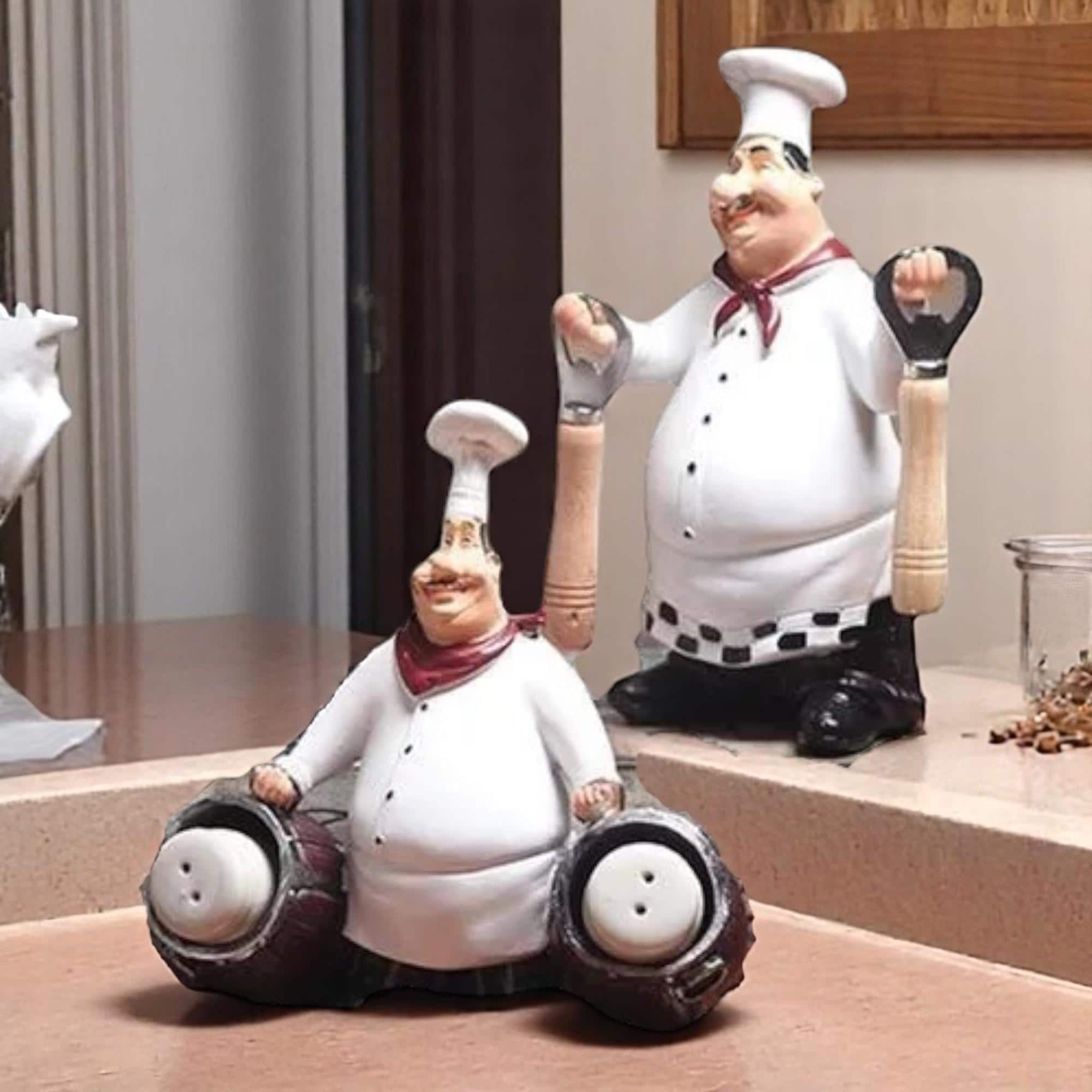 Set of 2 Chef Figurines – Salt Shaker & Beer Opener | Funny Resin Kitchen Decor | Unique Chef Gift for Home or Bar Design | food lover art