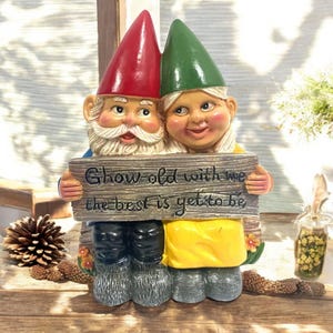 Two Old Garden Gnomes Holding Sign - Funny Yard Statue, Cute Lawn Ornament, Whimsical Outdoor Decor, Unique Garden Figurine, Gnome Couple