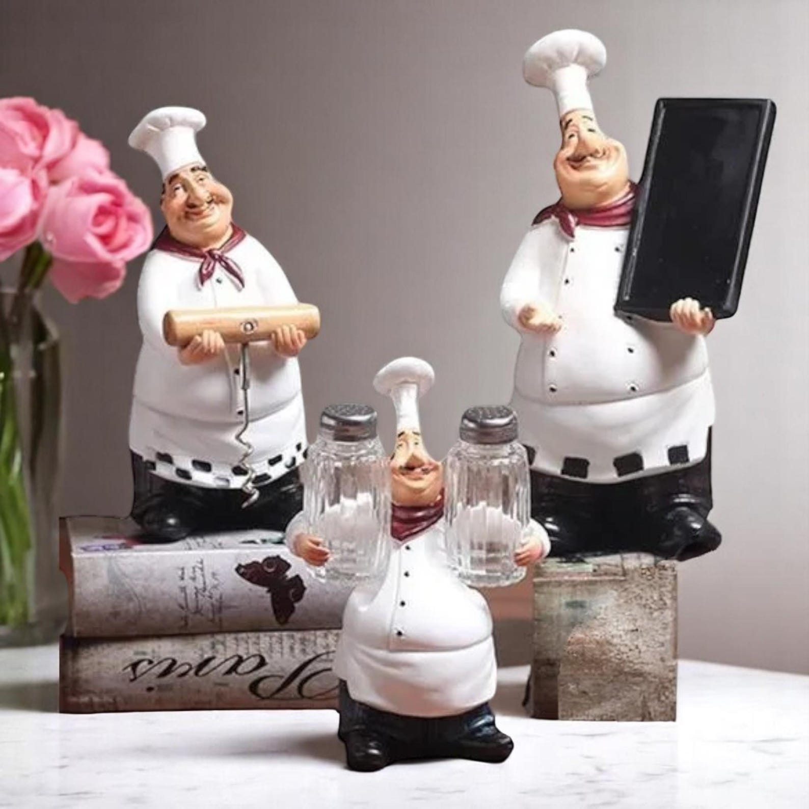figurines kitchen accessories at frances goss blog... Chef Figurines Set: Resin Kitchen Decor - Salt, Wine, Tray - Etsy
