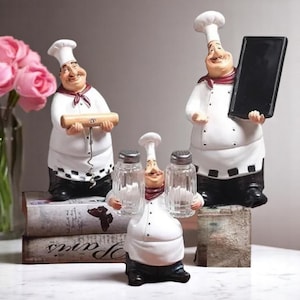 Set of 3 Chef Figurines – Salt Shaker, Wine Opener & Tray | Resin Kitchen Decor Gift | Funny Chef Set for Home or Bar| Bookshelf design