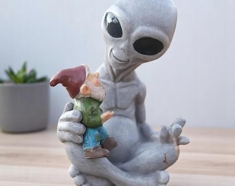 Alien Garden Gnome | Funny Scary Space Yard Decor | UFO Outdoor Statue | Weird Sci-Fi Garden Decoration | Unique Alien Gift | bookshelf