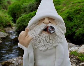 White Wizard Smoker, Middle Finger Garden Decor, shooter,  Funny Gnome Statue, Whimsical Outdoor Sculpture, Funny Home & Patio Decor, gift