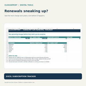 May include: A digital subscription renewal tracker spreadsheet template titled CLICKANPRINT. The interface displays columns for category, monthly equivalent, and estimated yearly cost, with instructional text on how to use the tool for tracking expenses.
