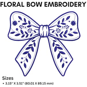 Floral Bow Embroidery Design, Chinoiserie Bow Machine Embroidery Design, Digital Download, Instant Download, Coquette Floral Bow, PES, DST