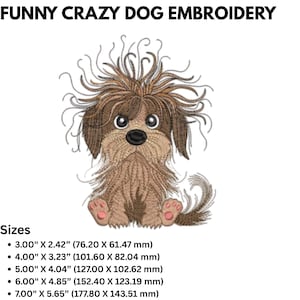 Peut inclure: Broderie représentant un chien de dessin animé avec une fourrure brune et une coiffure folle. Le chien est assis, les pattes repliées sous son corps. Le motif est disponible en cinq tailles, allant de 7,6 cm à 17,8 cm.