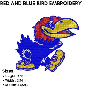 May include: Red and blue bird embroidery design. The image shows a stylized bird with a red head, yellow beak, and blue body. The design is 8.46 cm high and 9.50 cm wide, with 18252 stitches. The text "RED AND BLUE BIRD EMBROIDERY" is at the top.