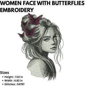 Woman Face with Flowers and Butterflies Embroidery Design, Beautiful girl Face with Butterflies Machine Embroidery Design, Instant Downloads