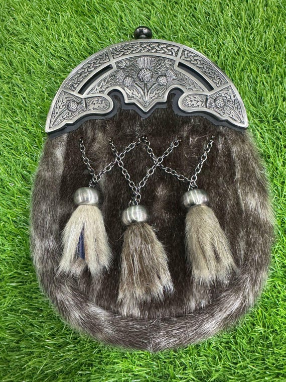 Handcrafted Black Fur Scottish Sporran with Thistle Cantle & Three Tassels – Traditional Highland Kilt Accessory