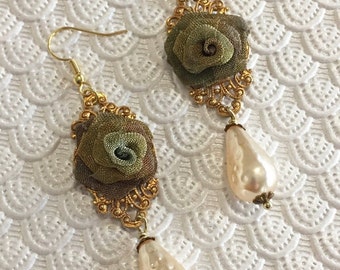 Dangle Earrings, Rose Earrings, Vintage Style Earrings,  Handmade Jewelry, Haskell Pearls, Final Sale
