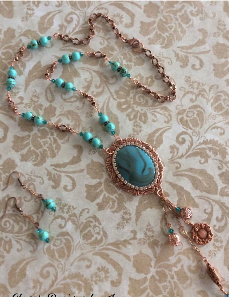 Turquoise Colored Cab Handmade Jewelry Cowgirl Southwestern Necklace Set Western Jewelry Copper Component Rodeo Jewelry Howlite