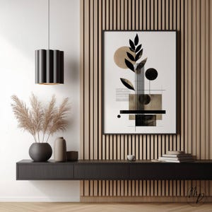 Könnte beinhalten: Moderne Innenraumgestaltung mit einem schwarzen schwebenden Regal, das Vasen, Pampasgras und einen gerahmten abstrakten Kunstdruck trägt. Eine schwarze Pendelleuchte hängt darüber. Die Wand hat ein Holzlatten-Design.