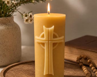 100% Pure Beeswax Cross Candle, 40Hr Burn, Catholic Christian Baptism Prayer Candle