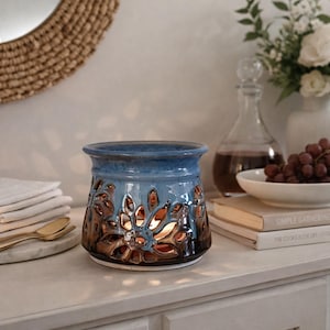 Large Signed Studio Pottery Luminary Candle Holder Blue Drip Glaze Stoneware 1kg