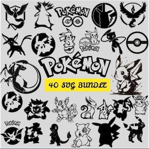May include: A black and white digital illustration set of 40 Pokemon characters. The set includes popular Pokemon characters like Pikachu, Charmander, Bulbasaur, Squirtle, and more. The illustrations are in a cartoon style and are perfect for crafting projects, scrapbooking, and more.