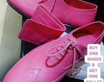 New Handmade Men&#39;s Dress Shoes Pink Leather Wingtip Oxford Shoes Formal Shoes