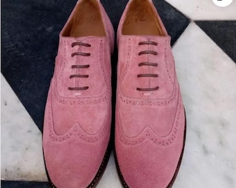New Handmade Men&#39;s Dress Shoes Pink Leather Wingtip Oxford Shoes Formal Shoes