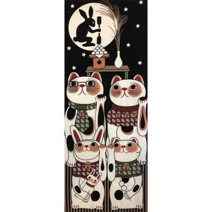 Japanese Tenugui Handkerchief Manekineko Kitty Cat Moon Viewing Made in Japan
