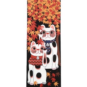 Japanese Tenugui Handkerchief Manekineko Kitty Cat Autumn Leaf Viewing Made in Japan