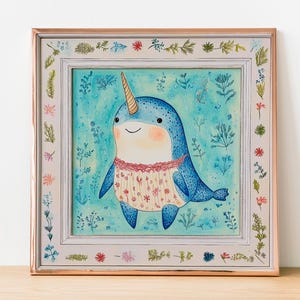 Narwhal in Magical Outfit - Square Arctic Nursery Print - Mythical Ocean Decor