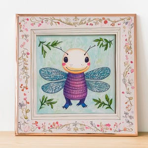 Libélula con ropa delicada - Póster infantil cuadrado - Arte infantil con insectos