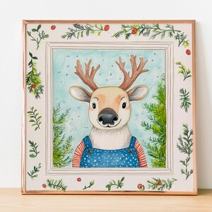 Caribou in Whimsical Clothes - Square Nursery Poster - Northern Forest Decor