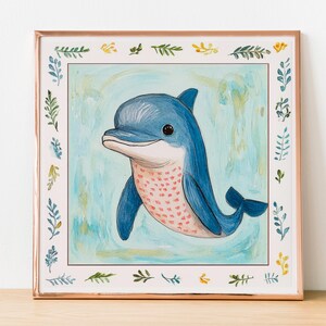 Dolphin in Fun Clothes - Square Coastal Nursery Print - Ocean Animal Wall Art