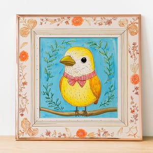 Canario con un atuendo encantador - Póster cuadrado para bebé - Sunny Nursery Bird Art
