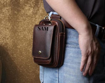 Genuine Cowhide Leather Phone Holster for Men, Waist Belt Bag, Vintage Brown Mobile Pouch, Small EDC Belt Case, Travel Waist Organizer